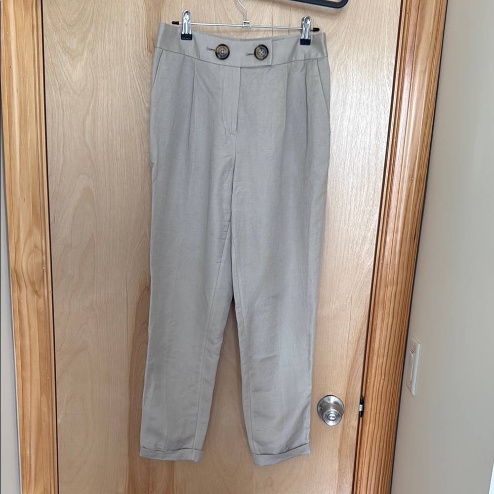 Linen Khaki Tapered High-Waisted Trousers